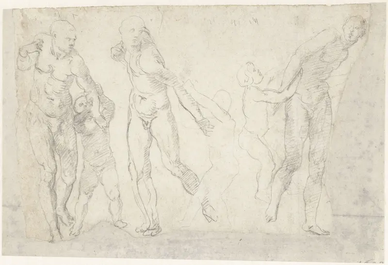 Drie studies van een man, die door een kind aan de arm wordt getrokken Wall Art by Daniele da Volterra - High-Resolution Digital Print