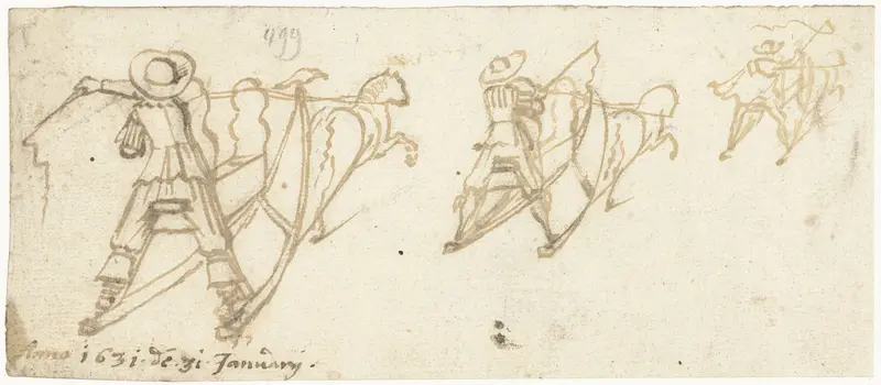 Drie studies van een slede met een paard ervoor Wall Art by Gerard ter Borch (II) - High-Resolution Digital Print