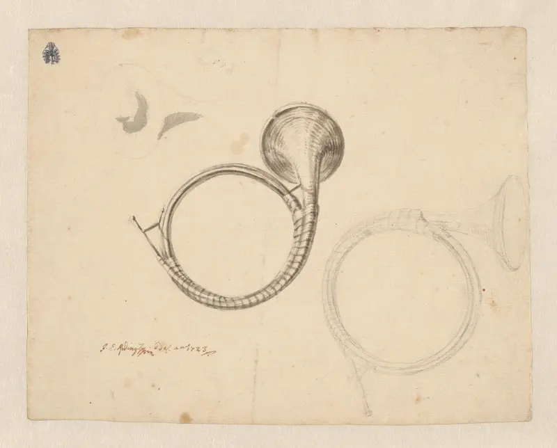 Drie studies van jachthoorns Wall Art by Unknown - High-Resolution Digital Print