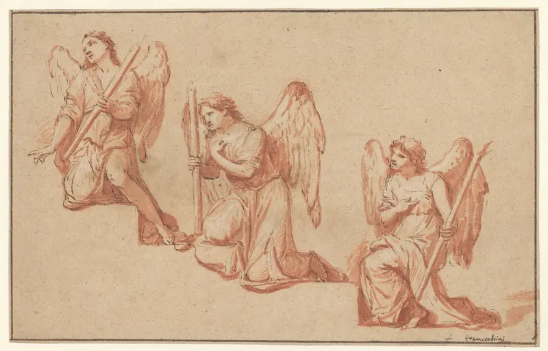 Drie studies van knielende engelen met een toorts Wall Art by Marco Antonio Franceschini - High-Resolution Digital Print