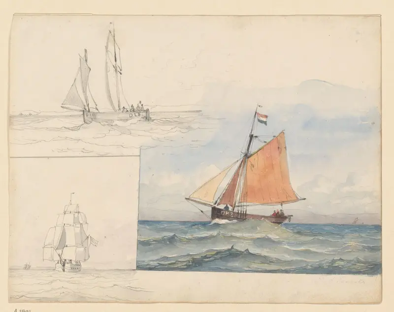 Drie studies van zeilschepen Wall Art by Willem Anthonie van Deventer - High-Resolution Digital Print