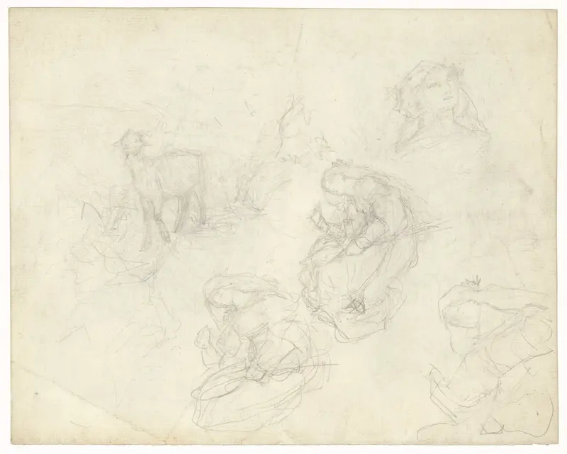 Drie studies voor een landschap met een meisje en twee geitjes Wall Art by Matthijs Maris - High-Resolution Digital Print