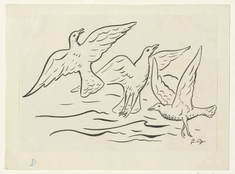 Drie vogels in de lucht boven zee Wall Art by Unknown - High-Resolution Digital Print