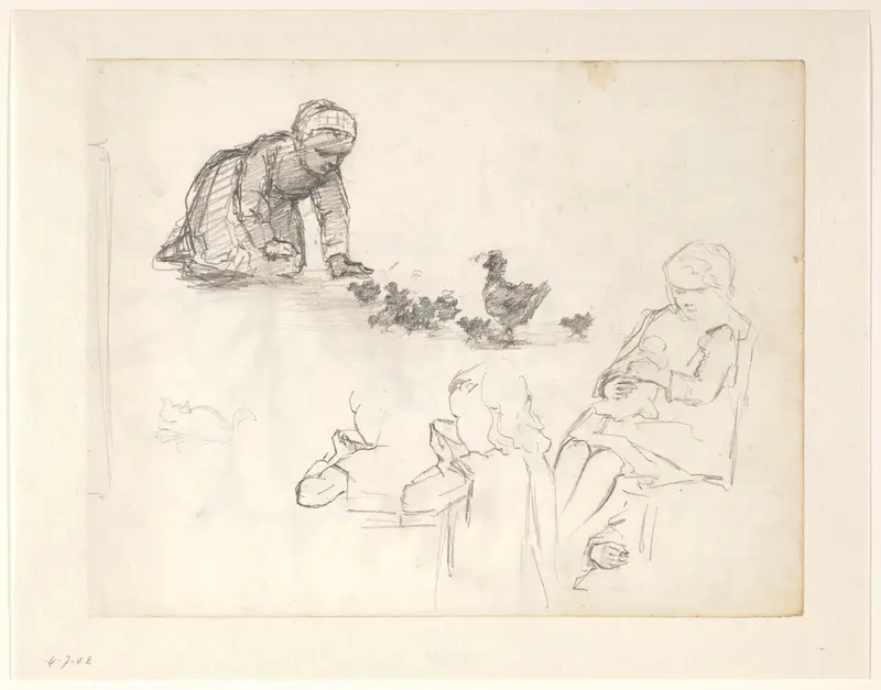 Drie voorstellingen van een meisje met kuikens, een kom, en een pop Wall Art by Hendrik Valkenburg - High-Resolution Digital Print