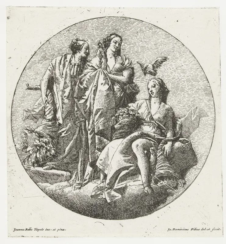 Drie vrouwelijke personificaties met hoornen des overvloed en beeldje van Minerva Wall Art by Unknown - High-Resolution Digital Print
