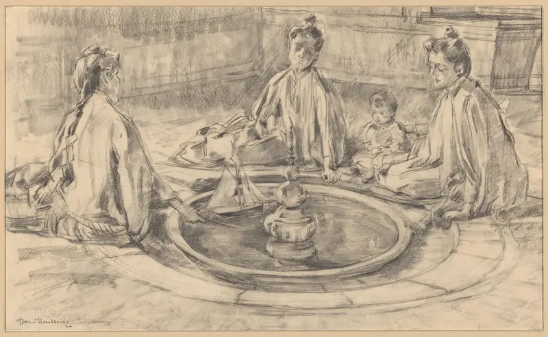 Drie vrouwen en een kind bij een fontein in het paviljoen van Karel V in het Koninklijk Paleis te Sevilla Wall Art by Unknown - High-Resolution Digital Print