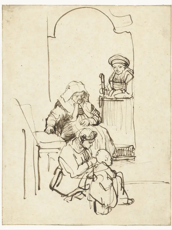 Drie vrouwen en een kind bij een huisdeur Wall Art by Rembrandt van Rijn - High-Resolution Digital Print