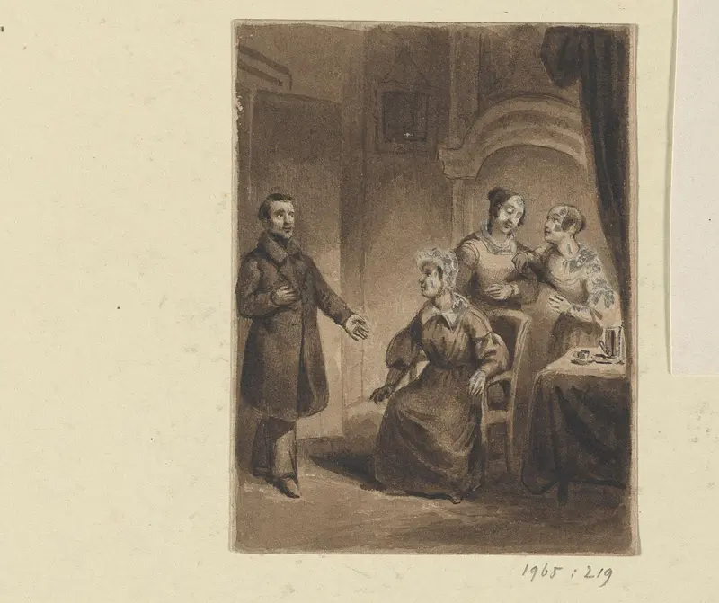 Drie vrouwen in een interieur met een binnenkomende man Wall Art by Johann Wilhelm Kaiser (I) - High-Resolution Digital Print