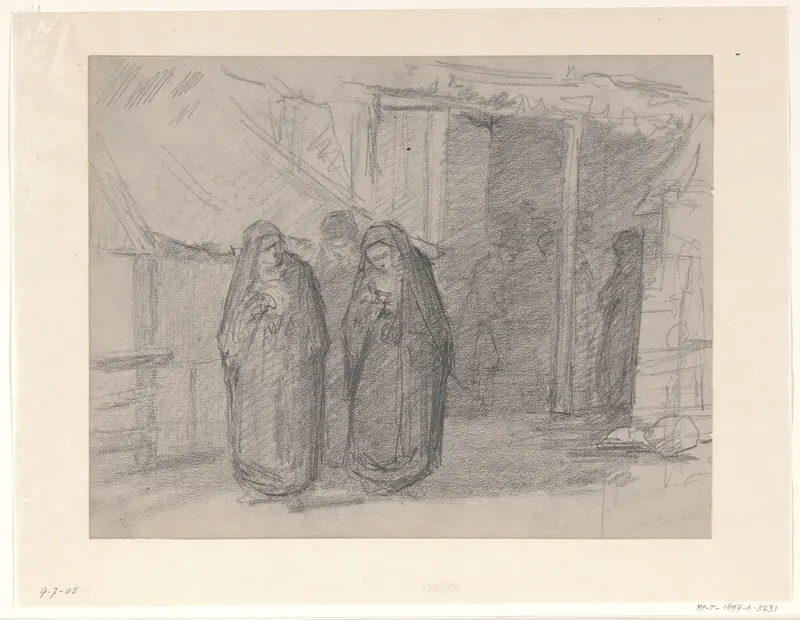 Drie vrouwen in zware rouw verlaten een boerderij Wall Art by Hendrik Valkenburg - High-Resolution Digital Print