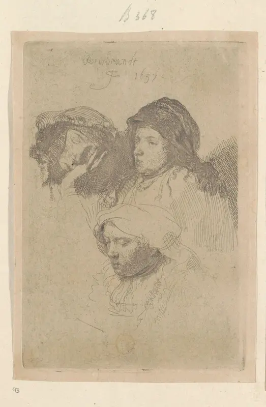Drie vrouwenkoppen, één slapend Wall Art by Henry Louis Basan - High-Resolution Digital Print