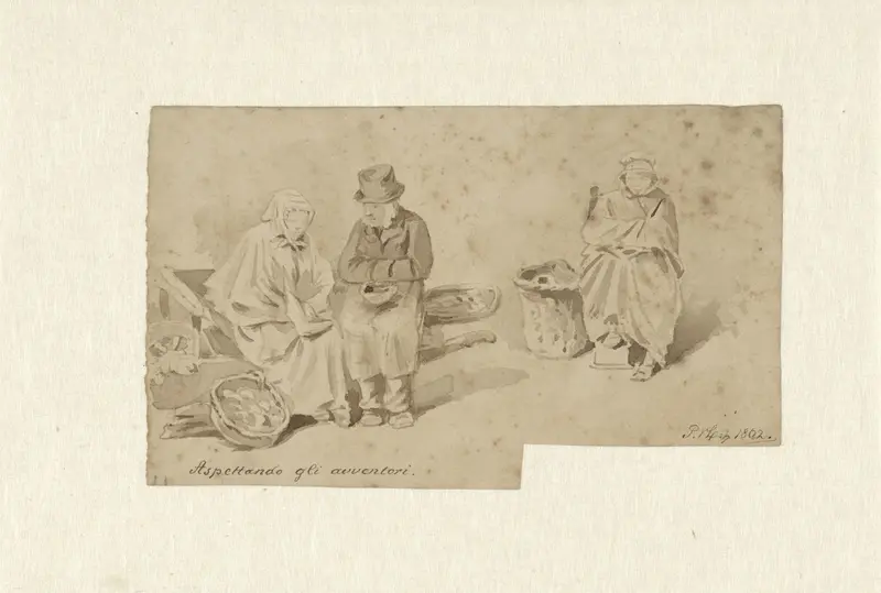 Drie wachtende marktkooplui Wall Art by Unknown - High-Resolution Digital Print