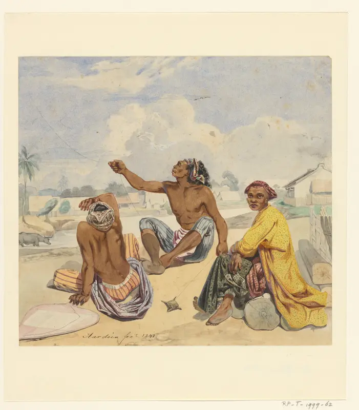 Drie zittende mannen bij een kali (dorp) Wall Art by Unknown - High-Resolution Digital Print