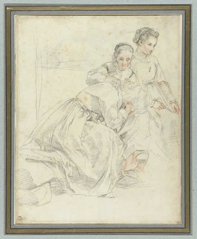 Drie zittende vrouwen waarvan één het haar van een ander onderzoekt op luizen Wall Art by Federico Barocci - High-Resolution Digital Print