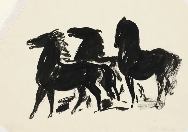 Drie zwarte paarden staand naar links kijkend Wall Art by Leo Gestel - High-Resolution Digital Print