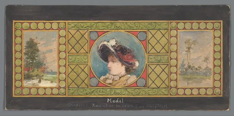 Drieluik van geschilderd glas met een landschap aan weerszijden van een portret van een vrouw met hoed Wall Art by anonymous - High-Resolution Digital Print