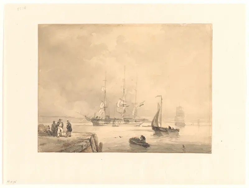 Driemaster en andere schepen in stil water voor de kade Wall Art by Frans Arnold Breuhaus de Groot - High-Resolution Digital Print