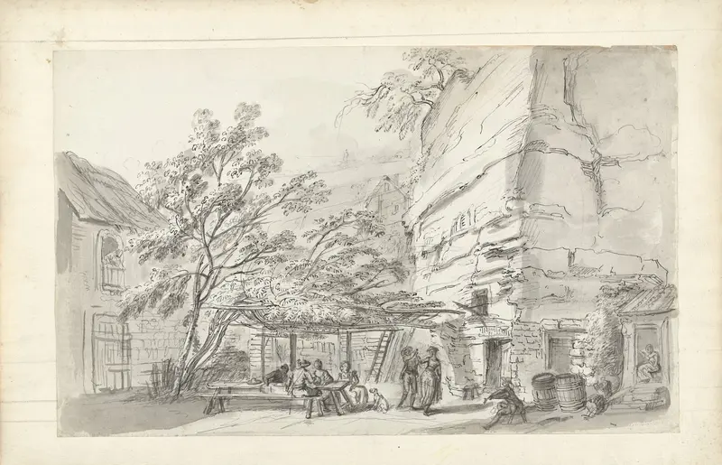 Drinkende en dansende personen op de binnenplaats van een taveerne tussen ruïnes Wall Art by Jean Baptiste Lallemand - High-Resolution Digital Print