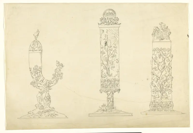 Drinkhoorn met een stam in de vorm van een dragende Bacchus, een cylindrische dekselbokaal met een zonovergoten landschap, en een cylindrische dekselbeker met jongens die in wijnbomen klimmen Wall Art by Unknown - High-Resolution Digital Print
