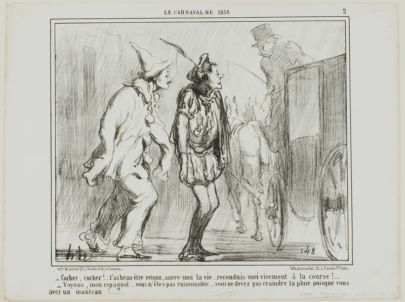 “- Driver, driver, you cannot reject me, you have to save my life... bring me back to the races alive! - But come on, Spaniard… be reasonable… you don't have to fear the rain, since you are wearing a coat!…,” plate 2 from Le Carnaval De 1858