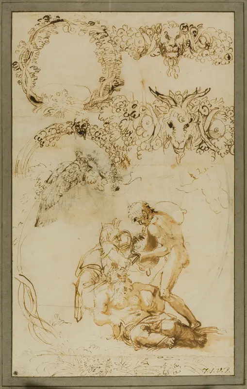 Drunken Silenus and Decorative Sketches: Studies for the Tazza Farnese (recto); Two Putti Fighting: Study for the Galleria Farnese (verso) Wall Art by Annibale Carracci - High-Resolution Digital Print