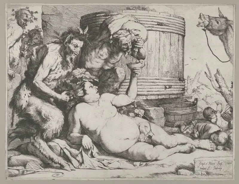 Drunken Silenus holding a cup aloft into which a Satyr pours wine Wall Art by Jusepe de Ribera (called Lo Spagnoletto) - High-Resolution Digital Print
