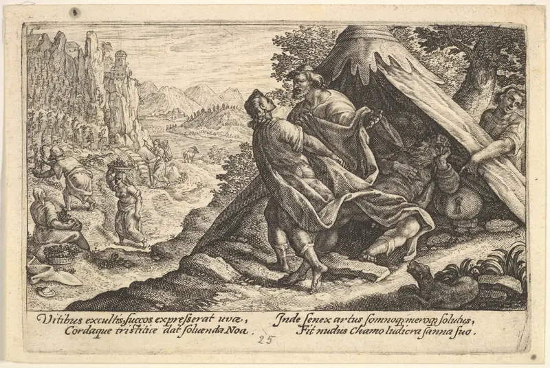 Drunkenness of Noah: Shem and Japheth cover the naked body of Noah, who lies in a tent, a male figure at far right points to Noah, from "Liber Genesis" Wall Art by Crispijn de Passe the Elder - High-Resolution Digital Print