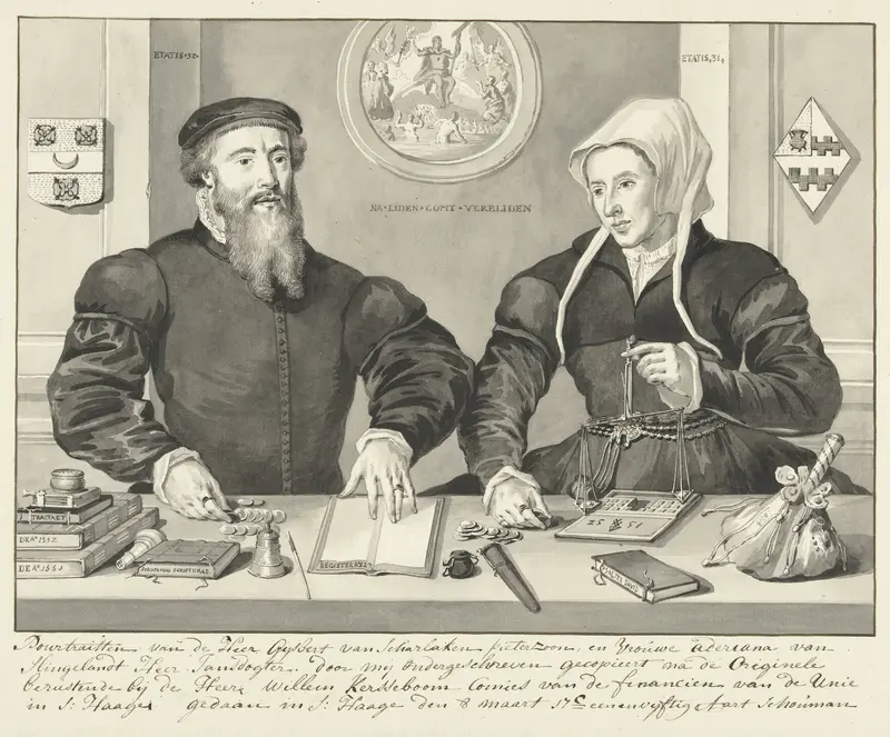 Dubbelportret van Gijsbert Scharlaken Pieterszoon en Adriana van Slingelandt Wall Art by Unknown - High-Resolution Digital Print