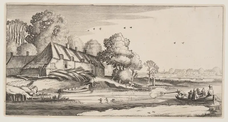 Duck-Shooting From a Row-Boat Near a Farm, from Landscapes (Playsante Lantschappen)