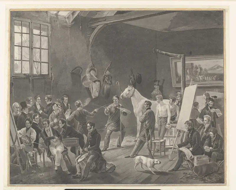Duel tussen twee schilders in een sociëteit met veel omstanders Wall Art by anonymous - High-Resolution Digital Print