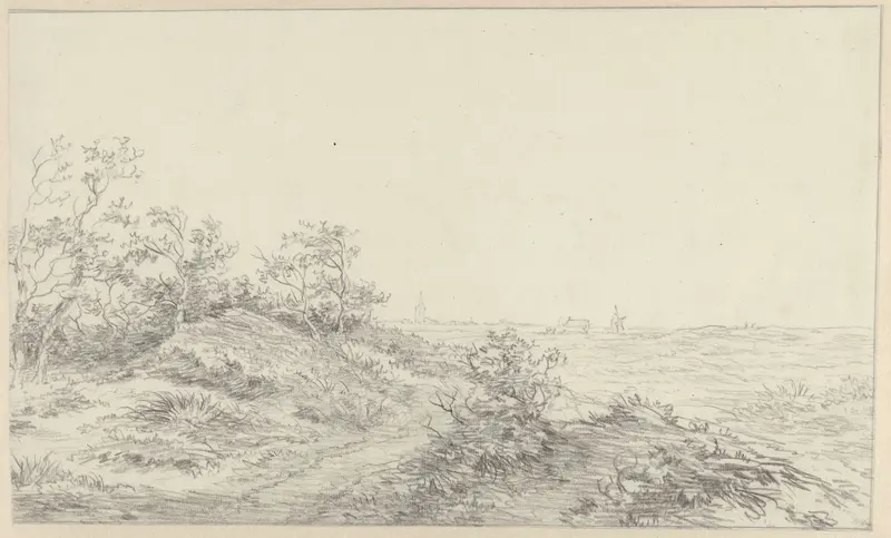 Duinlandschap met molen en torenspits in de verte Wall Art by anonymous - High-Resolution Digital Print