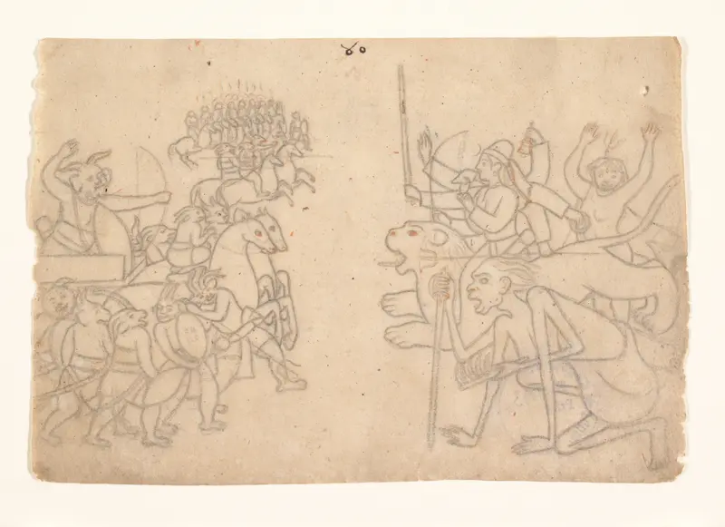 Durga and Kali Approach the Gathered Armies of Chanda and Munda: Scene from the Devi Mahatmya Wall Art by Unknown - High-Resolution Digital Print