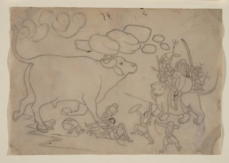 Durga Confronts the Buffalo Demon Mahisha: Scene from the Devi Mahatmya Wall Art by Nainsukh - High-Resolution Digital Print