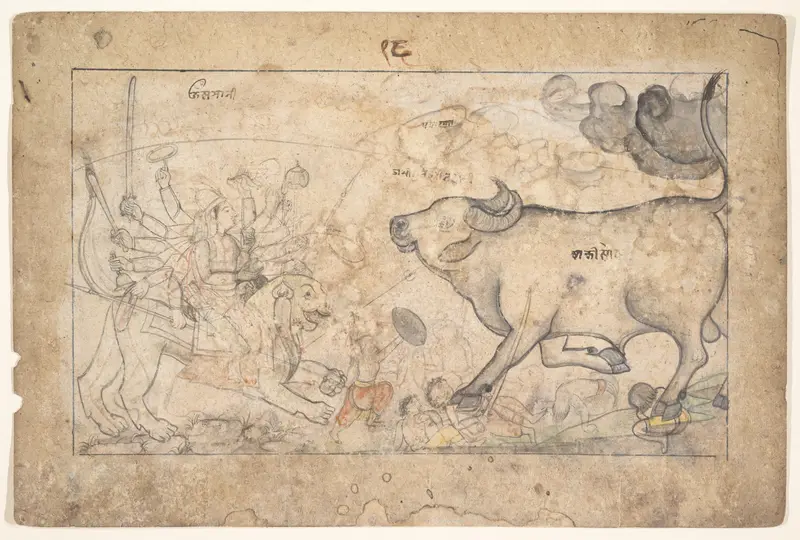 Durga Confronts the Buffalo Demon Mahisha: Scene from the Devi Mahatmya Wall Art by Unknown - High-Resolution Digital Print