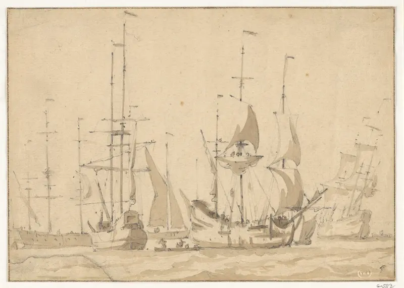 Dutch Merchant Ships at Anchor or under Easy Sail in a Moderate Breeze Wall Art by Willem van de Velde I - High-Resolution Digital Print