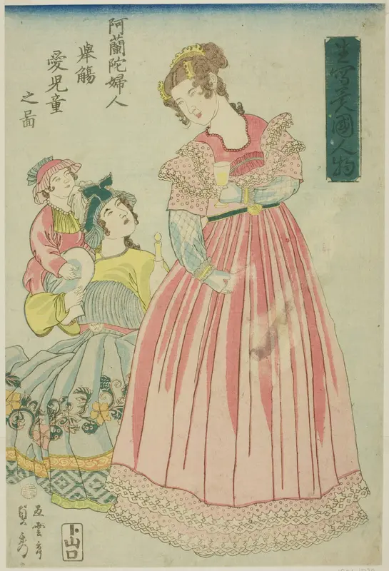 Dutch Woman Making a Toast to Her Children (Oranda fujin kyosho aijido no zu), from the series "Foreigners Drawn from Life (Ikiutsushi ikoku jinbutsu)"