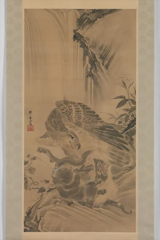 Eagle Attacking a Mountain Lion Wall Art by Kawanabe Kyōsai 河鍋暁斎 - High-Resolution Digital Print