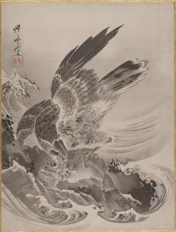 Eagle Attacking Fish Wall Art by Kawanabe Kyōsai 河鍋暁斎 - High-Resolution Digital Print