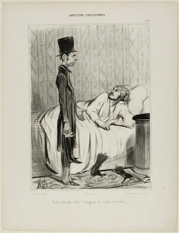 Early morning visit of a creditor concerning the boots, plate 4 from Émotions Parisiennes