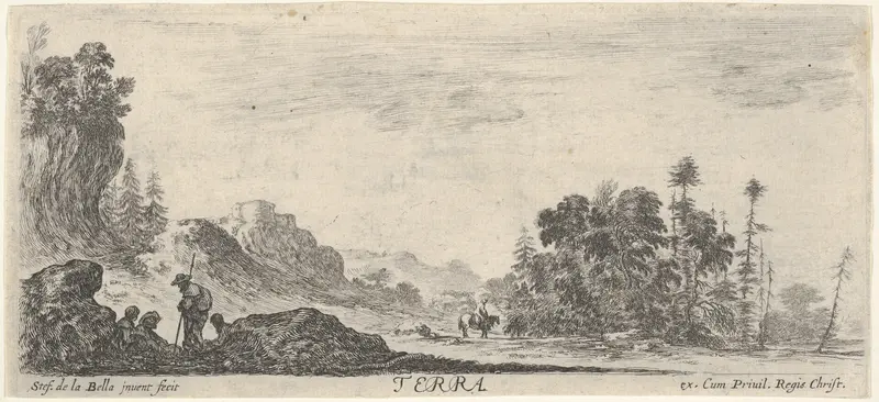 Earth, four figures in foreground to left, hills to left in the background, many trees to right in the background, a horseman in center in the background, from "The Four Elements" (Les Quatre Eléments) Wall Art by Stefano della Bella - High-Resolution Digital Print