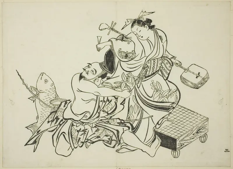 Ebisu flirting with a courtesan, no. 3 from a series of 12 prints