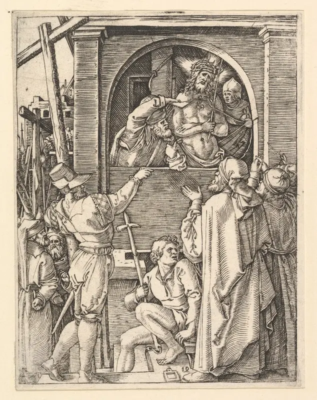 Ecce Homo: Christ wearing the crown of thorns standing in a loggia presented to a crowd, from "The Passion of Christ", after Dürer
