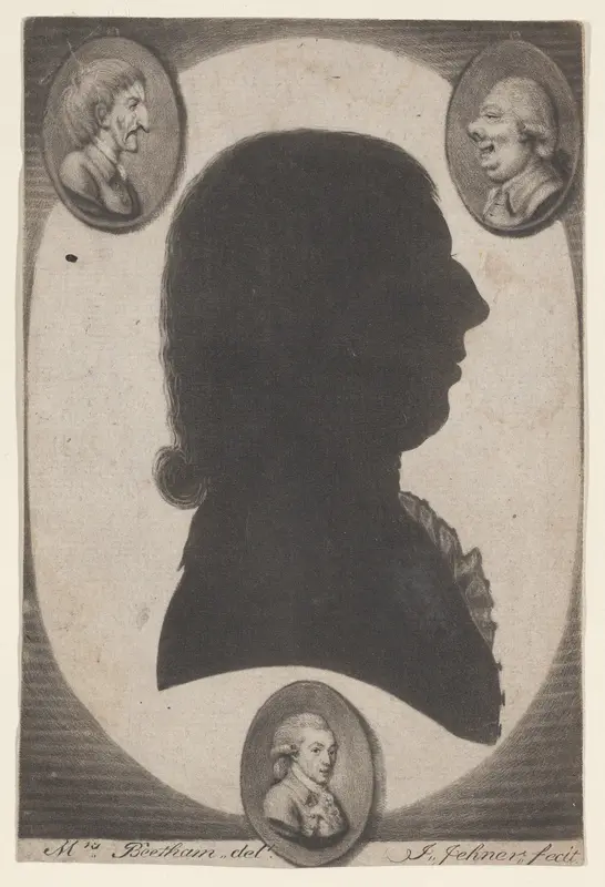 Edward Beetham, bust in profile to right in an oval, with two caricature heads in small ovals in the upper corners Wall Art by Isaac Jehner - High-Resolution Digital Print