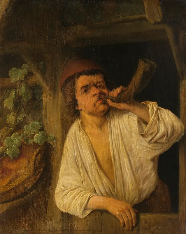 Een bakker blazend op zijn hoorn Wall Art by Adriaen van Ostade - High-Resolution Digital Print