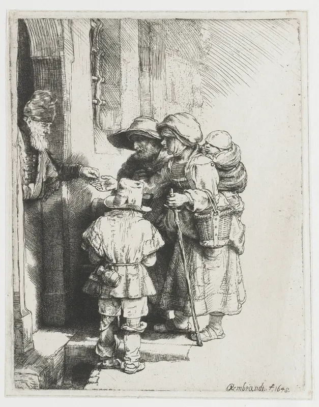 Een blinde draailierspeler met familie ontvangt een aalmoes Wall Art by Unknown - High-Resolution Digital Print