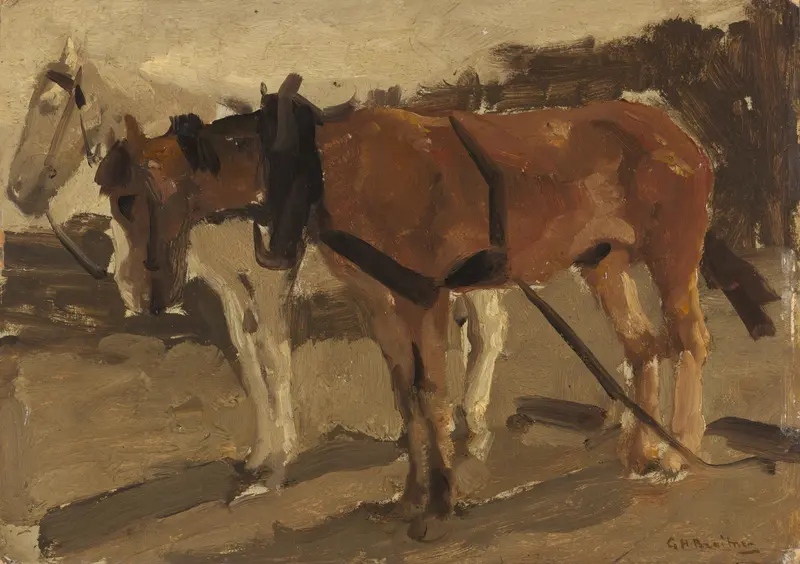 Een bruin en een wit paard te Scheveningen Wall Art by Unknown - High-Resolution Digital Print