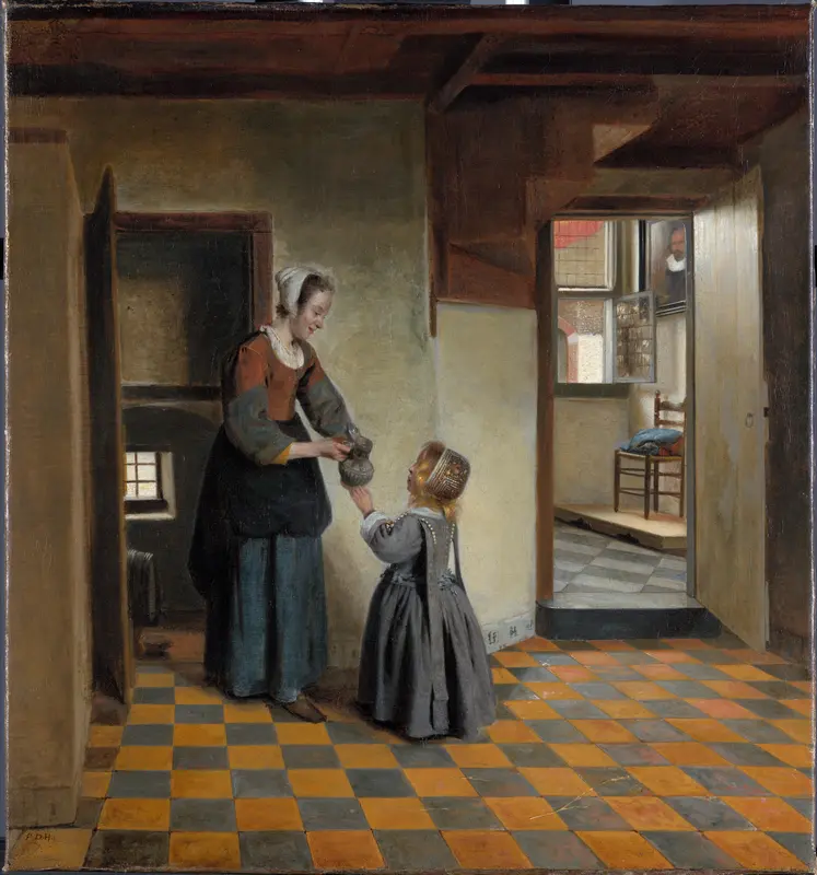 Een dienstbode met een kind in een kelderkamer Wall Art by Pieter de Hooch - High-Resolution Digital Print