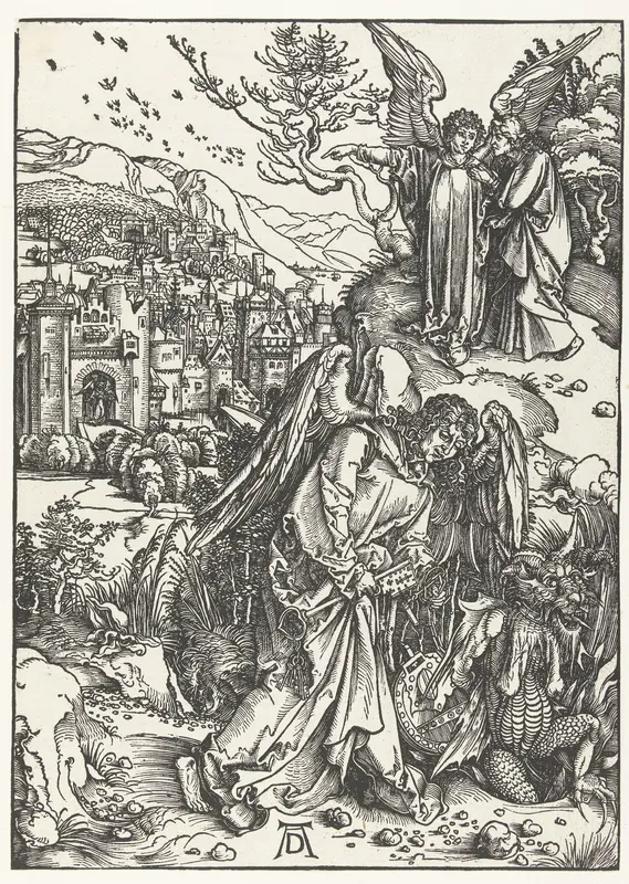 Een engel werpt een draak in een put; een engel toont Johannes de Evangelist het nieuwe Jeruzalem Wall Art by Unknown - High-Resolution Digital Print