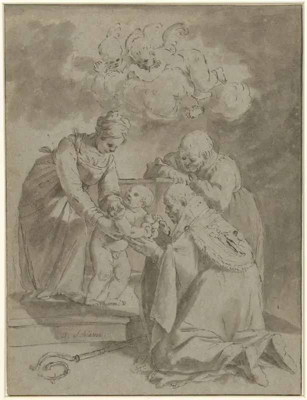 Een heilige bisschop knielend voor Maria met Christuskind Wall Art by Unknown - High-Resolution Digital Print