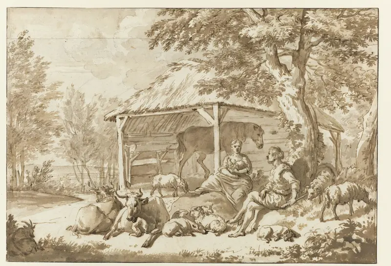 Een herderspaar met hun vee bij een stalletje Wall Art by Adriaen van de Velde - High-Resolution Digital Print