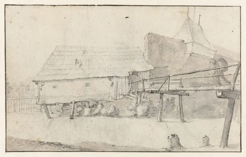 Een houten brug naar een huis boven een rivier Wall Art by Paulus Willemsz. van Vianen - High-Resolution Digital Print